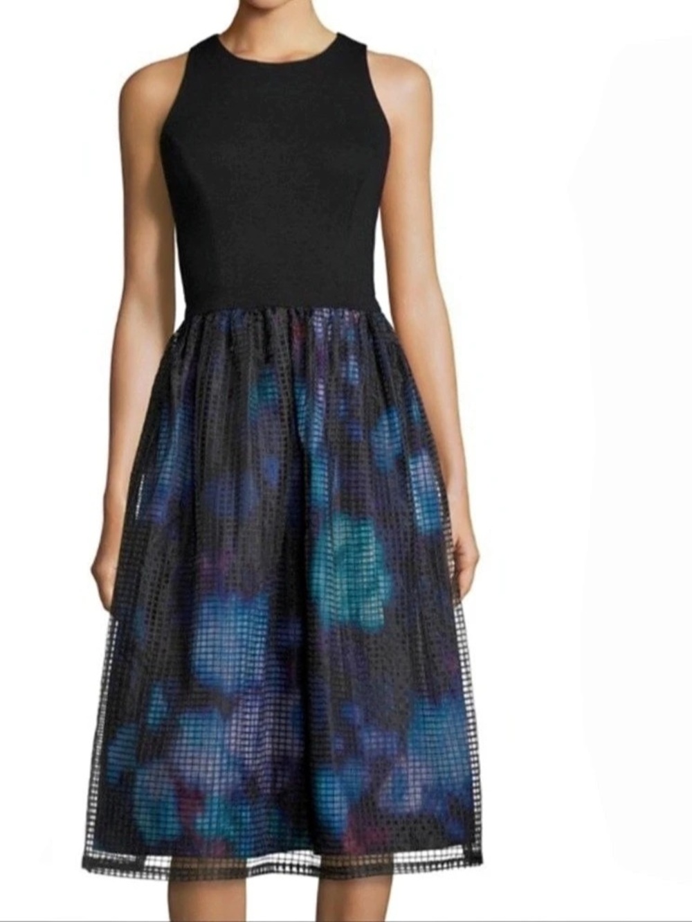 Aidan Mattox Sleeveless Combo Floral Printed Grid Mesh Overlay Midi Dress